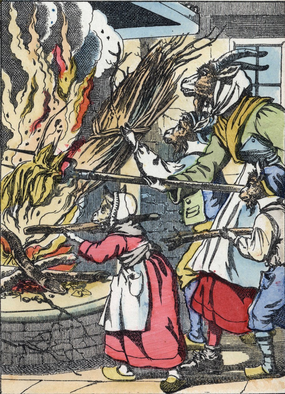 La chèvre et les biquets mettent le feu à la cheminée. Illustration du conte « Compère le Loup, Maître Renard, Commère la Chèvre et ses petits biquets » d