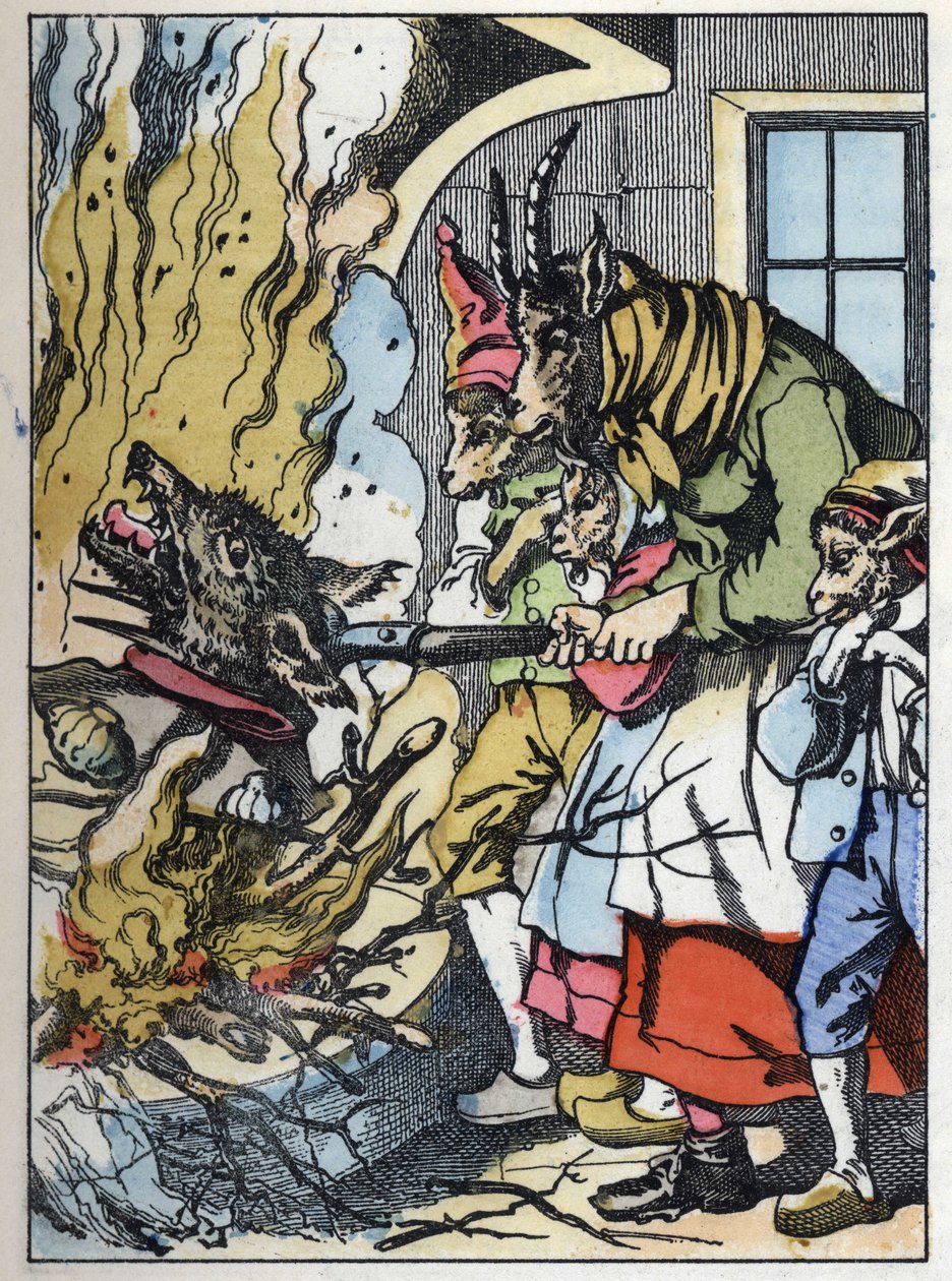 La chèvre tue le loup dans la cheminée. Illustration du conte "Compère le Loup, Maître Renard, Commère la Chèvre et ses petits biquets" d