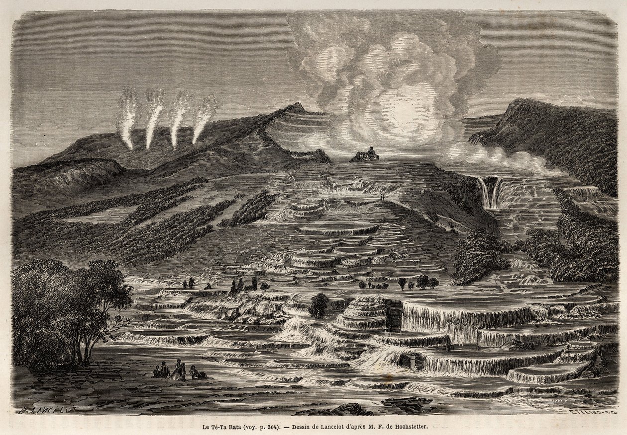 La source chaude de Te Tarata, entourée de terrasses superposées de silice blanche, à gauche, quatre geysers et à droite, lac et cascade, dessin de Lancelot, pour illustrer le voyage de Ferdinand de Hochstetter en Nouvelle-Zélande de 1858 à 1860. Gravure - Unknown artist
