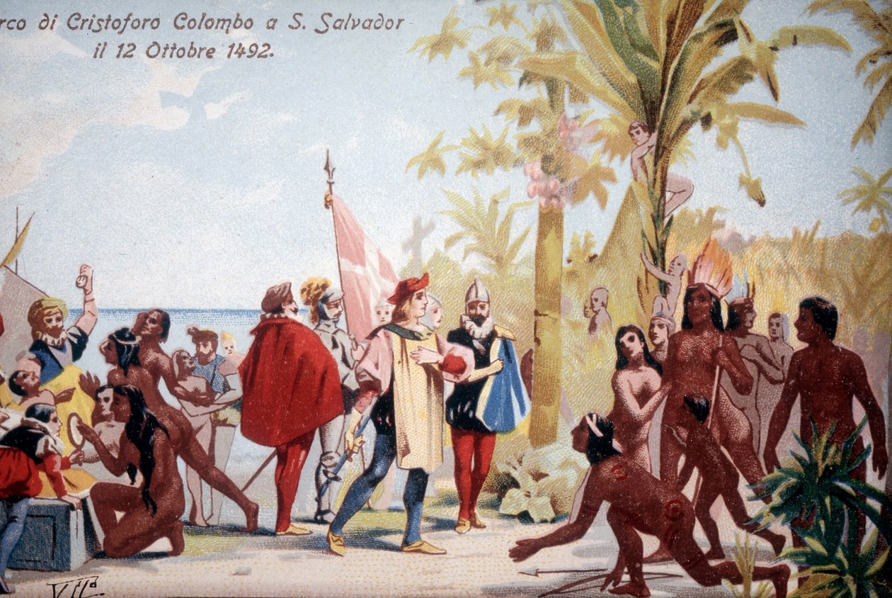 Le débarquement de Christophe Colomb à San Salvador (Bahamas) le 12/10/1492. Chromolithographie du XIXe siècle - Unknown artist
