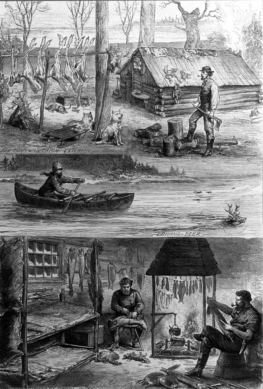 La vie des trappeurs (chasseurs professionnels) au Canada : en haut, l