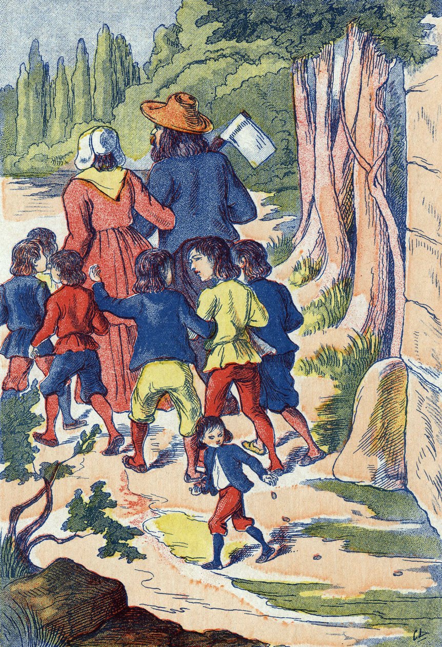 Le petit poucet sème des cailloux sur son chemin. Illustration pour "Le Petit Poucet", conte de Charles Perrault (1628-1703), écrivain français. Illustration anonyme. Imagerie Marcel Vagne, Jarville Nancy, sans date (fin XIXe siècle). - Unknown artist