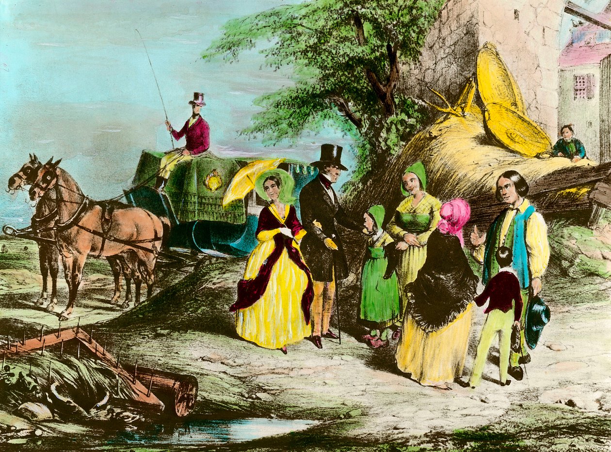 Le seigneur et son fermier. Le maître du domaine rend visite aux paysans. Gravure du XIXe siècle - Unknown artist