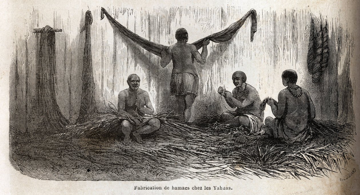 La fabrication des filets de hamacs chez les Indiens Yahua du Pérou, à partir de fins fils de palmier chambira tressés. Gravure pour illustrer le voyage de l