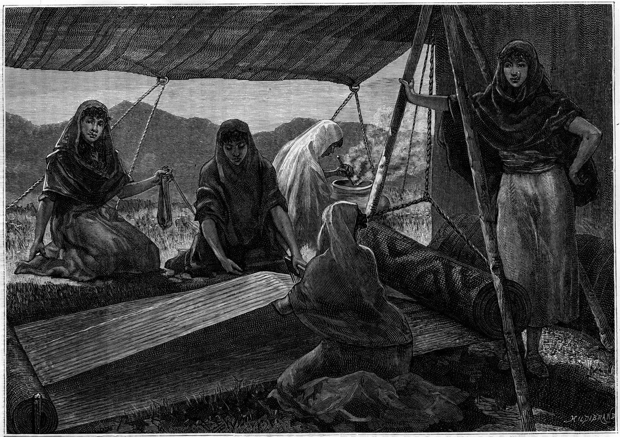 La fabrication de tapis par des femmes nomades de Perse. Gravure dans le journal « La jeunesse ». - Unknown artist