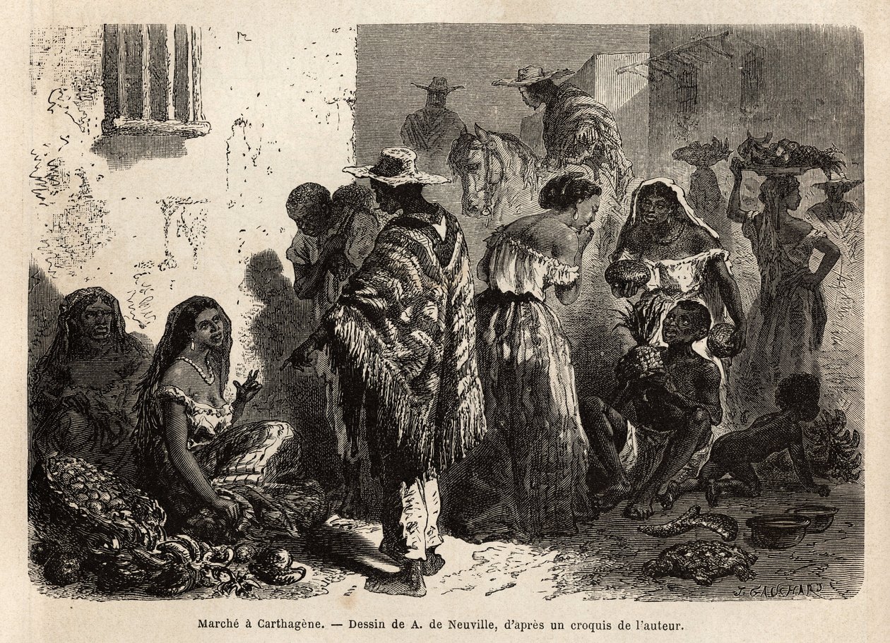 La marche de Carthagène (Colombie), dans la banlieue de la ville, fréquentée principalement par des noirs, des métis et des Indiens. Gravure pour illustrer le voyage en Nouvelle-Grenade, par le Dr Saffray, en 1869, publié dans « Le tour du monde » 1872, éd - Unknown artist