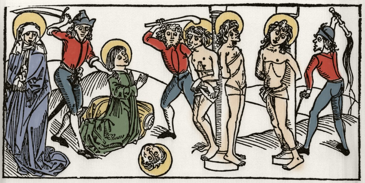 Le martyre de Sainte Félicité et de ses sept fils de Rome. Gravure de « Leben der Heiligen - sommerteil » (Le livre des saints) par Jacobus (Jacques) de Voragine (1228-1298). Lübeck 1488 - Unknown artist