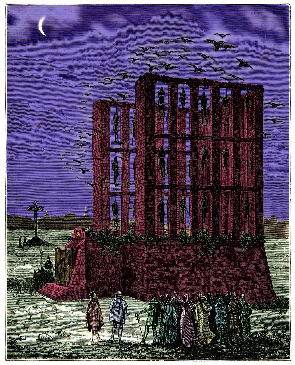 Le gibet de Montfaucon à Paris était une masse de pierre surmontée de seize piliers (surnommés fourches de grande justice, situées au nord-est de Paris), Gravure XIXe siècle - Unknown artist