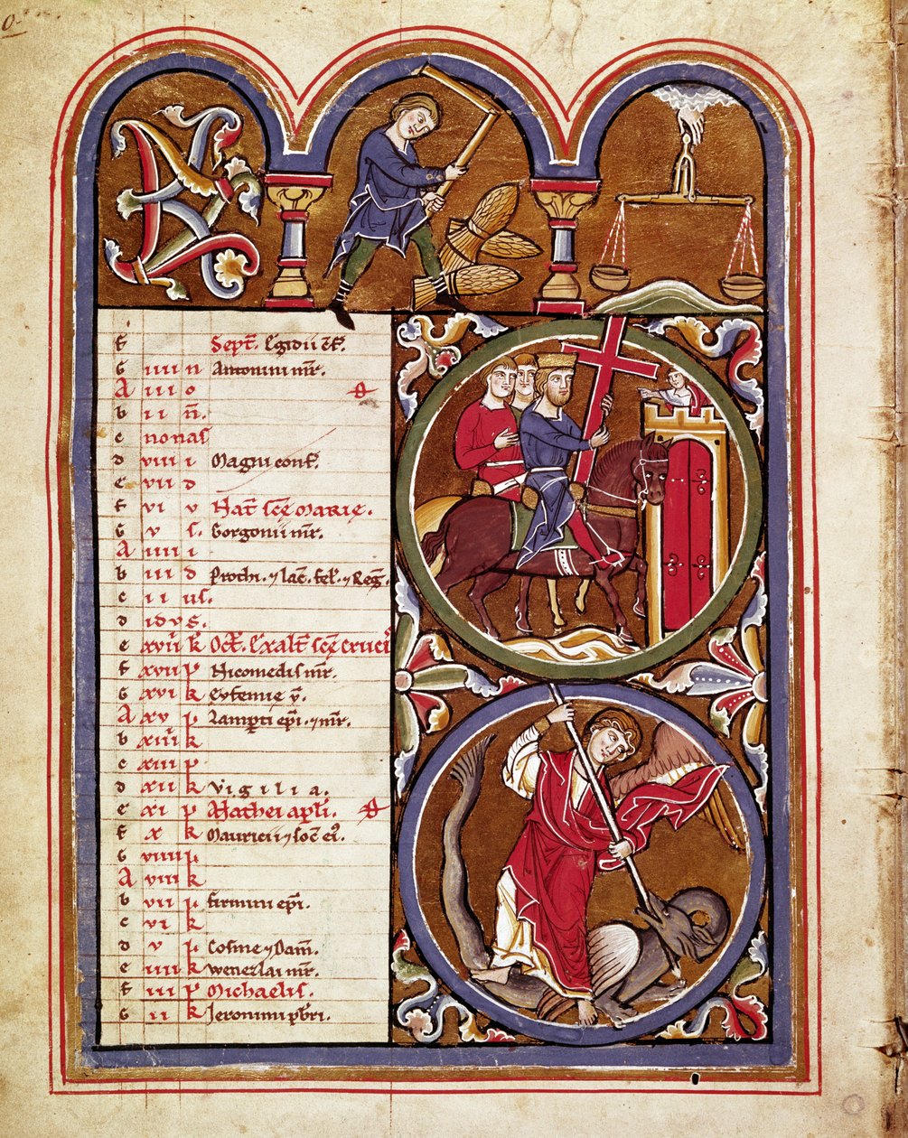 Le mois de septembre, travaux agricoles (récoltes, battage du blé avec une fleur), la fête de l