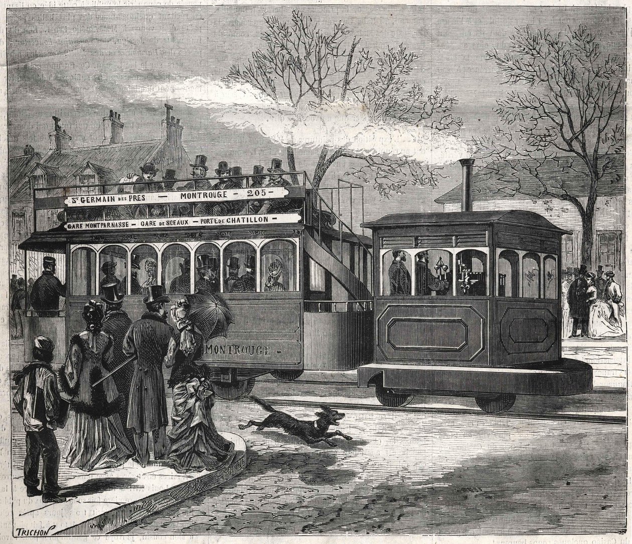 Les nouveaux tramways à vapeur à Paris en 1876 circulant sur la ligne de Saint-Germain-des-Prés à la porte de Chatillon, gravure. Collection Bianchetti - Unknown artist