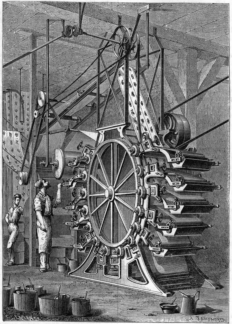 La nouvelle machine à imprimer les papiers peints. Gravure dans le journal illustré « La jeunesse » - Unknown artist