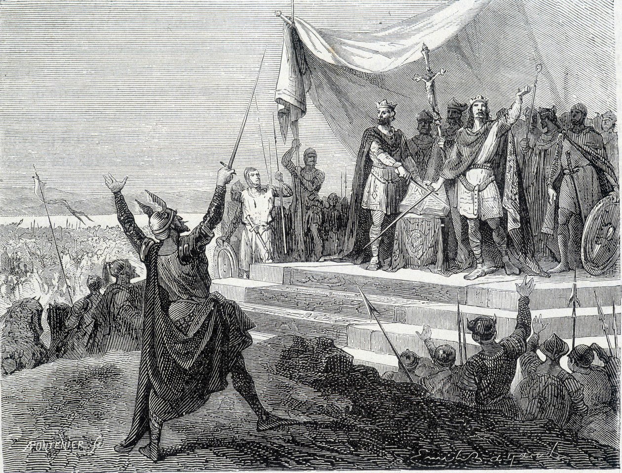 Le serment des deux frères devant leur armure : Charles II le Chauve et Louis II le Germanique prêtent serment contre Lothaire Ier (Serments de Strasbourg 842). Gravure du XIXe siècle. - Unknown artist