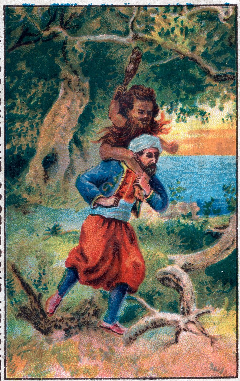 Le vieil homme de la mer. Les merveilleuses aventures de Sinbad le marin. Conte populaire des Mille et Une Nuits. Chromolithographie de la fin du 19ème siècle - Unknown artist