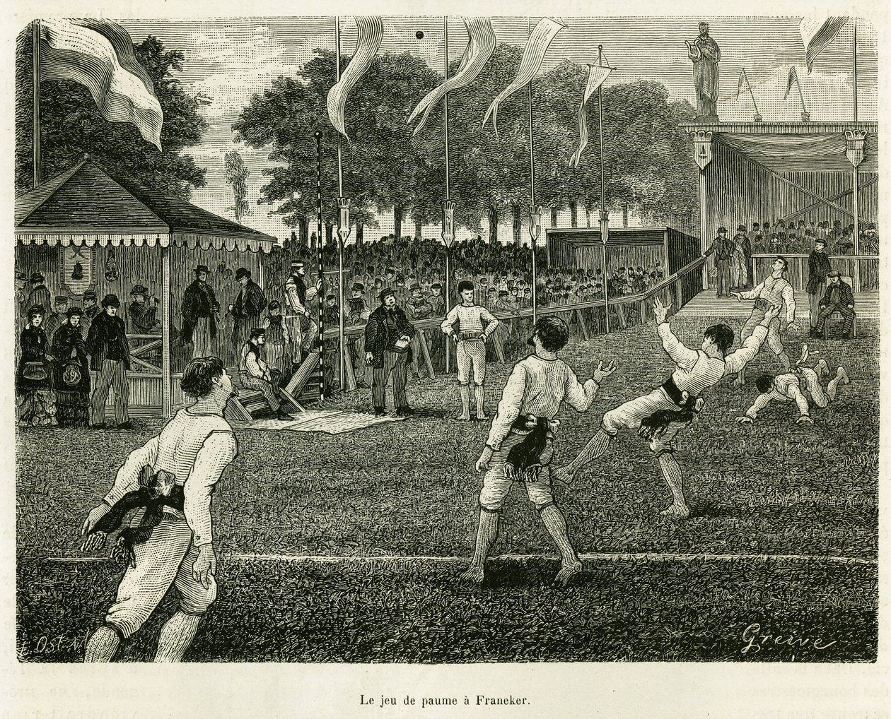 Le jeu de paume à Franeker (Pays-Bas). Gravure pour illustrer l