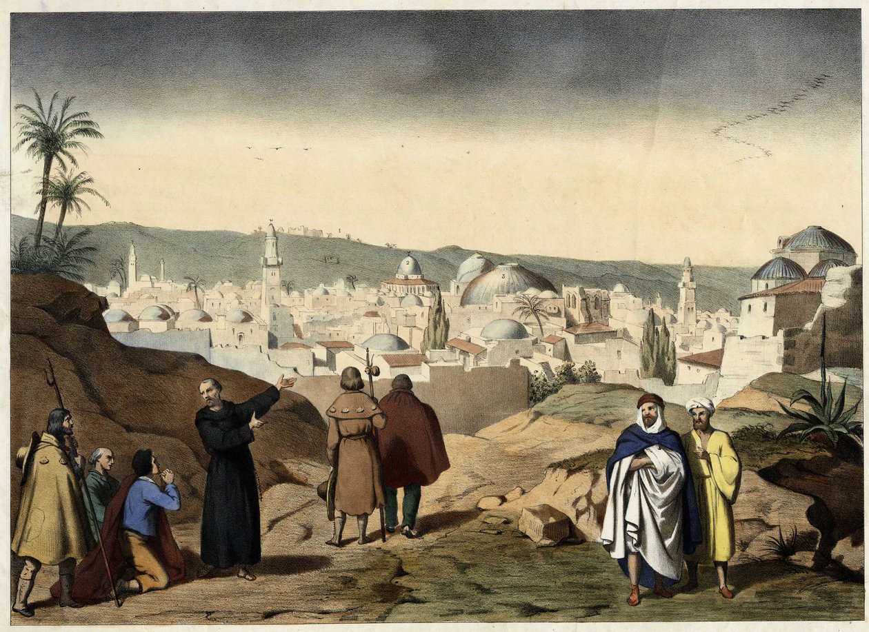 Les pèlerins arrivent à la ville de Jérusalem. Gravure anonyme du milieu du 19ème siècle - dans "Grand Catéchisme des Familles" - Unknown artist