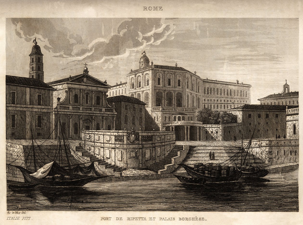 Le port de Ripetta et le palais Borghèse à Rome, gravure par Ch. de Vene, dans « L