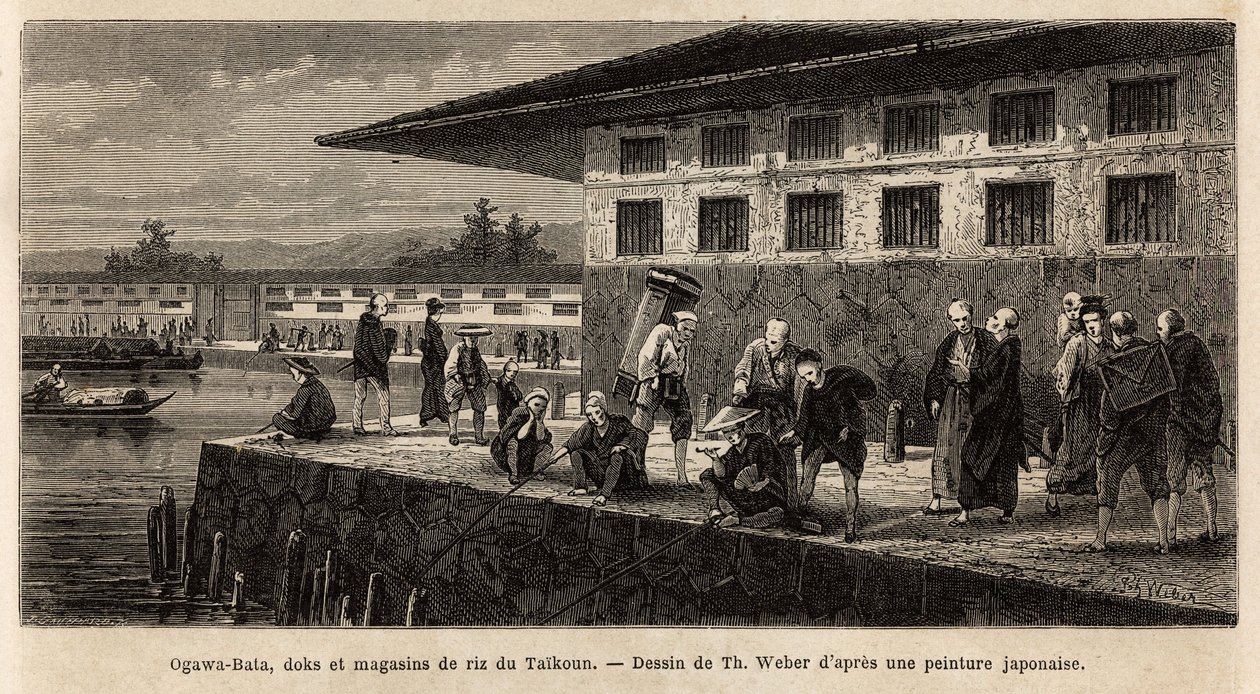 Le quai et les entrepôts de magasins de riz à Taikoun (souverain du Japon à l