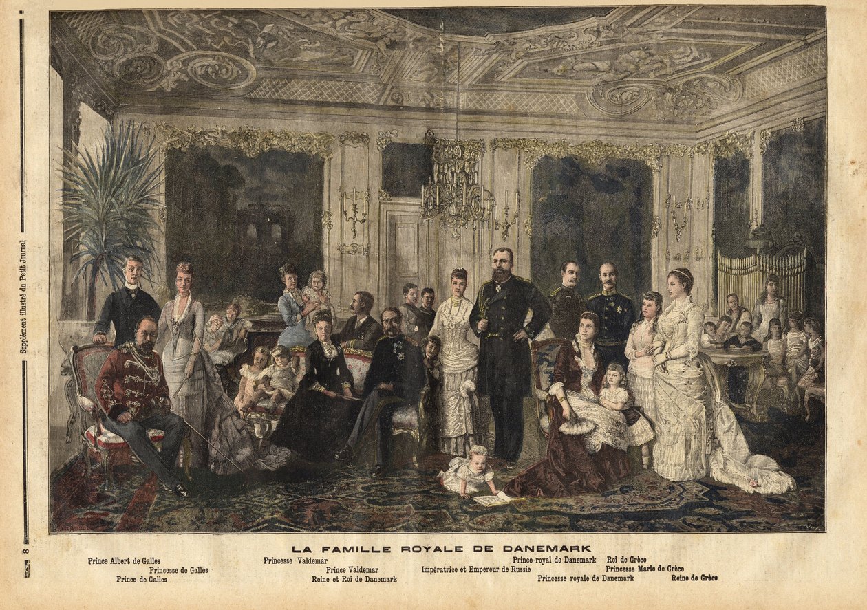 La famille royale du Danemark, assise au centre, la reine Louise de Hesse-Kassel (1817-1898) et le roi Christian IX de Danemark (1818-1906) surnommé « le beau-père de l