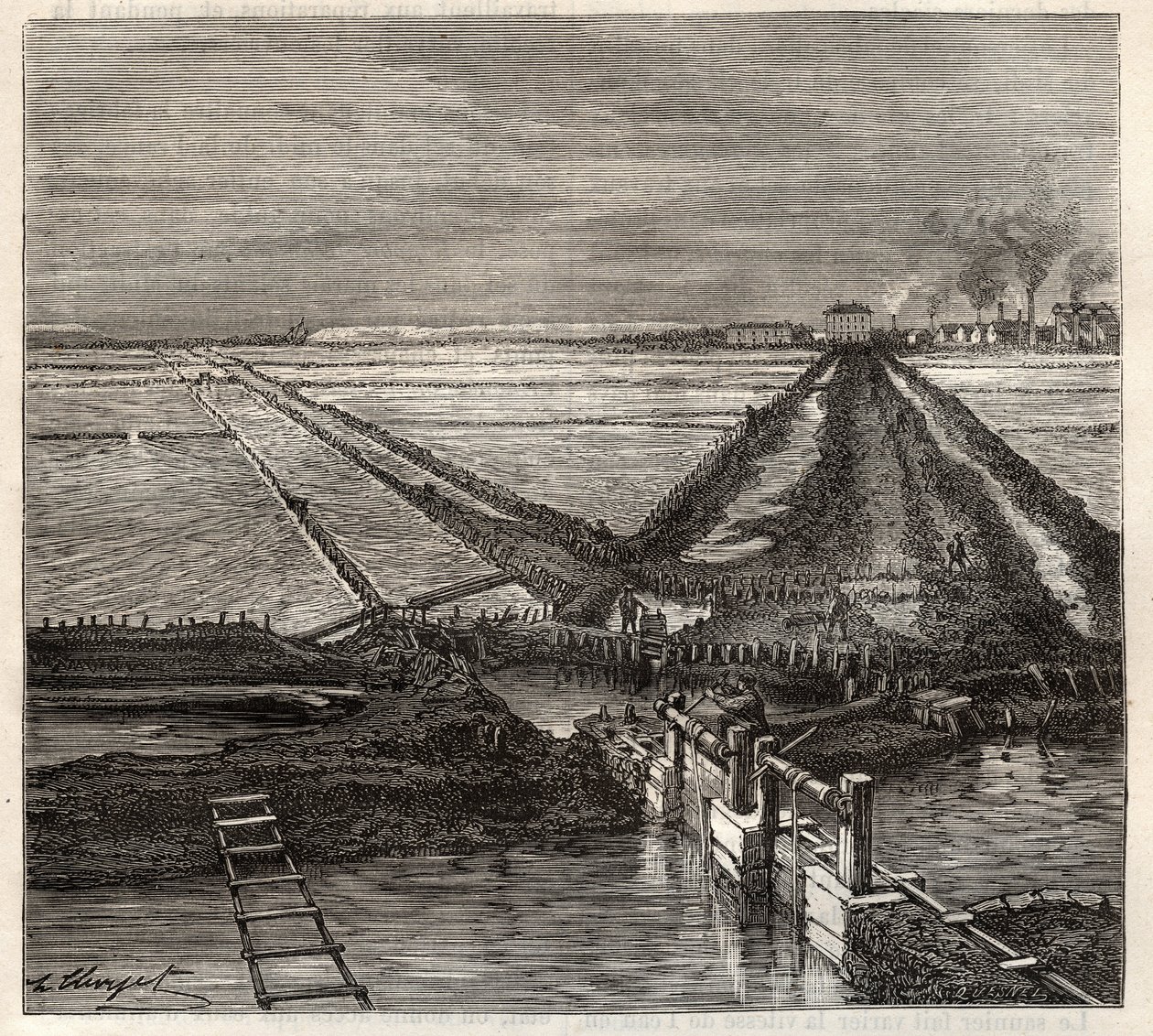 Le marais salant de Giraud en Camargue (Bouches-du-Rhône), vue prise du canal de service - gravure dans 