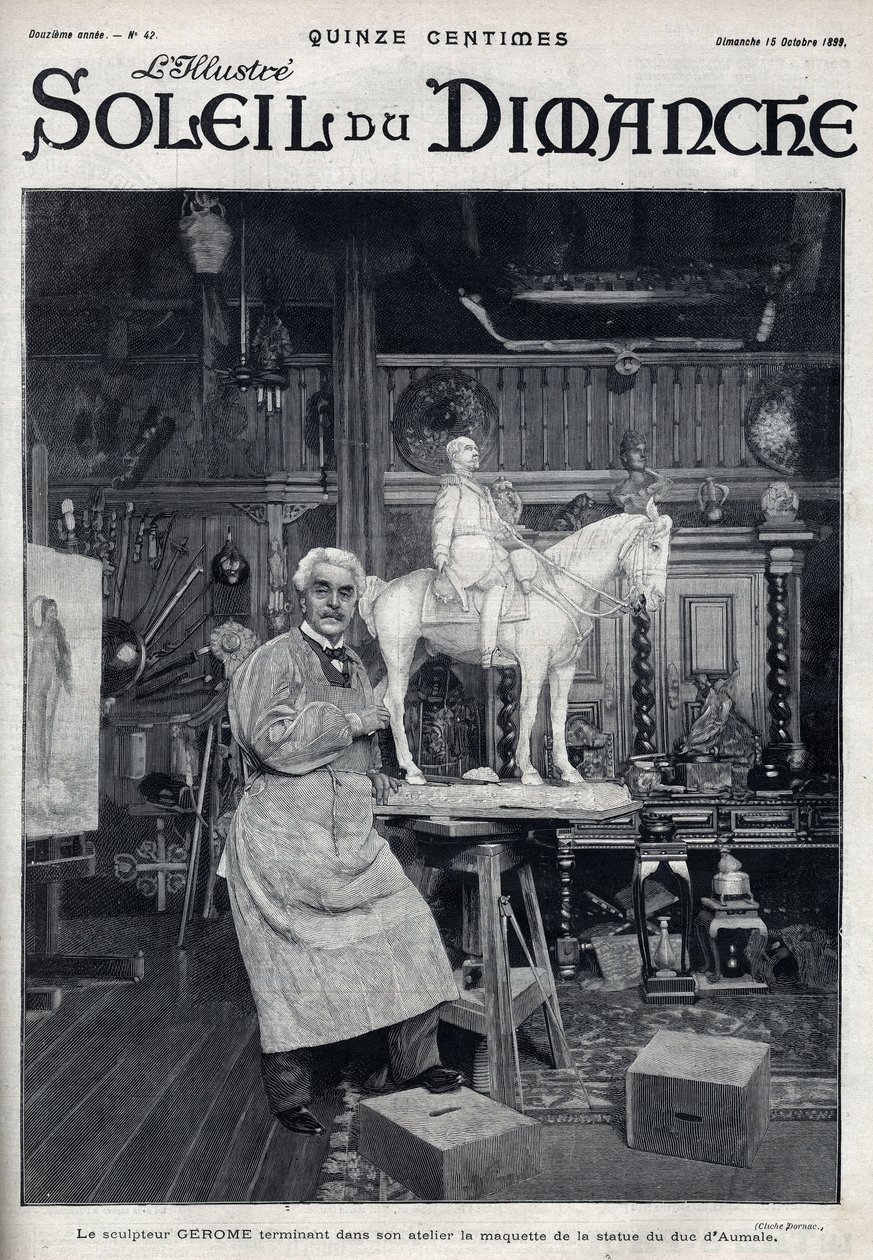 Le sculpteur Jean Léon (Jean-Léon) Gérôme (1824-1904) termine dans son atelier le modèle de la statue du duc d