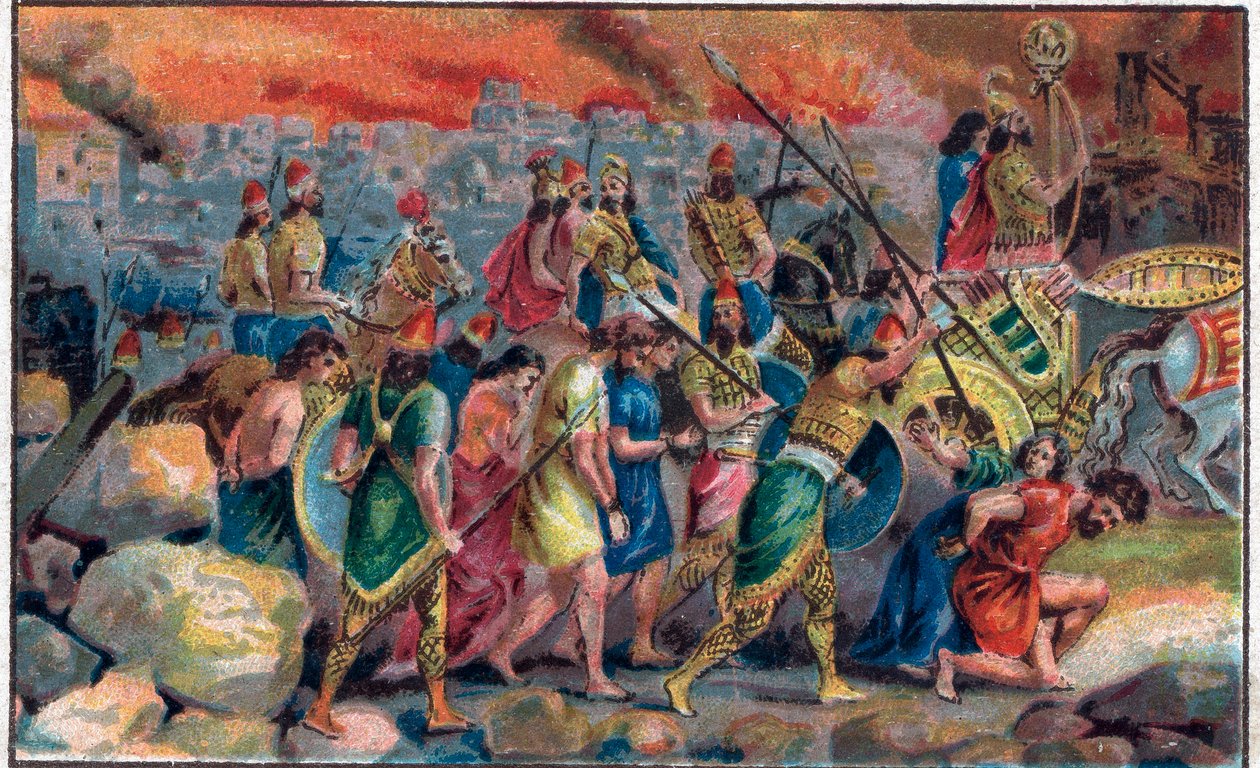 Le siège de la ville de Jérusalem par le roi de Babylone Nabuchodonosor II (v. 630 av. J.-C.-562 av. J.-C.) en 586 av. J.-C. et la destruction de la ville et du temple de Jérusalem. Chromolithographie de la fin du XIXe siècle. - Unknown artist