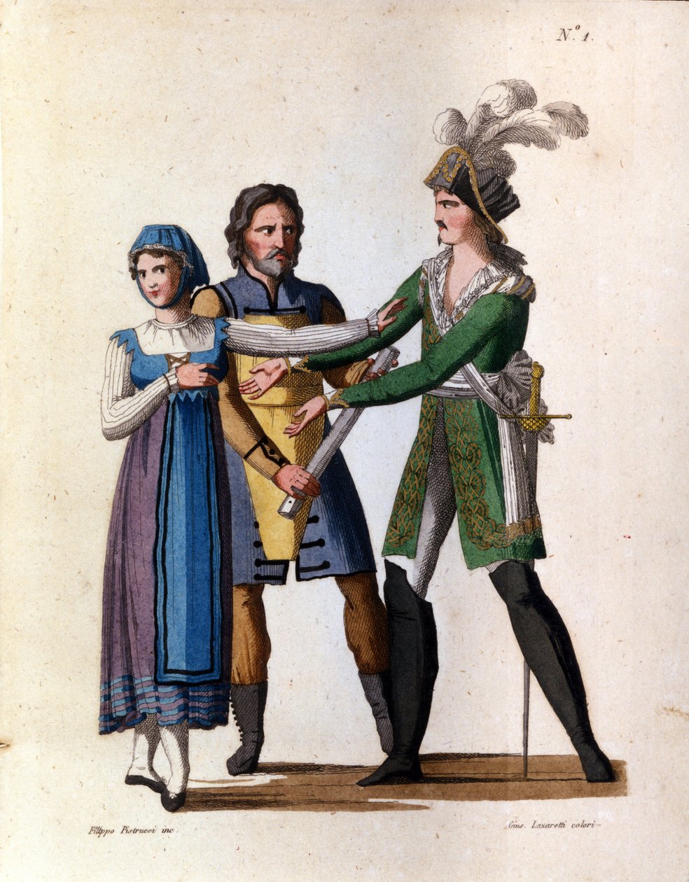 Les chanteurs Savino Monelli (Bertrando), Teresa Bellog (Isabella) et Filippo Galli (Tarabotto) dans l