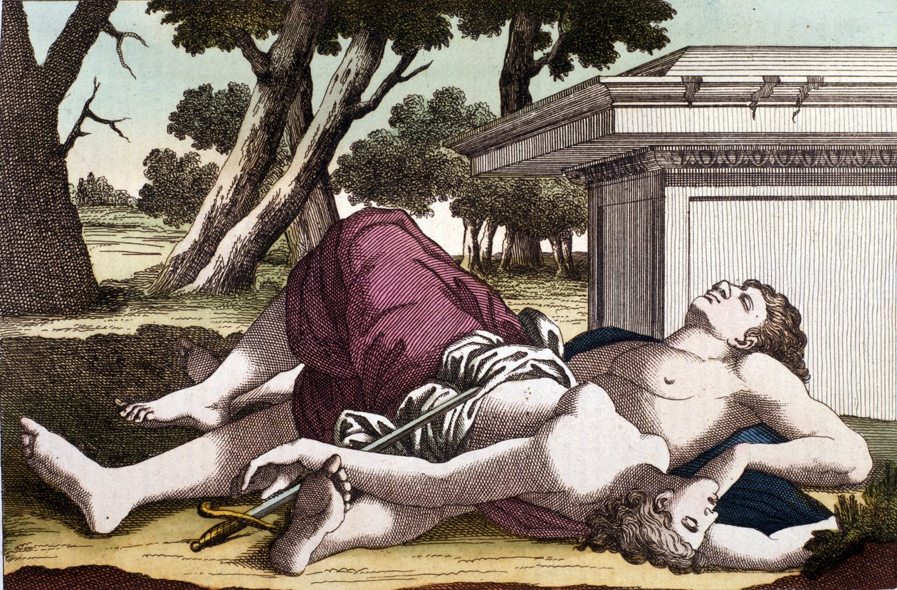 Le suicide de Pyrame sous le mûrier et la mort de Thisbé. Convaincu que la lionne avait dévoré Thisbé, Pyrame se donna la mort et couvrit les mûres blanches de son sang. Thisbé, se cachant pour échapper à la lionne, trouve son amour mort et se suicide - Unknown artist