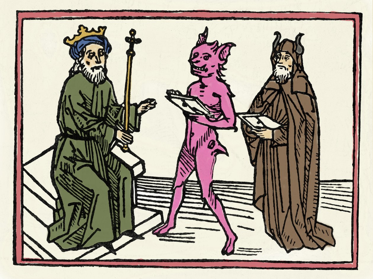 Le procès de Belial : « Le démon Belial présente ses lettres de créance au juge Salomon » Gravure du « Procès de Belial » par Jacobus de Teramo (ou Palladino), Augsbourg - Unknown artist