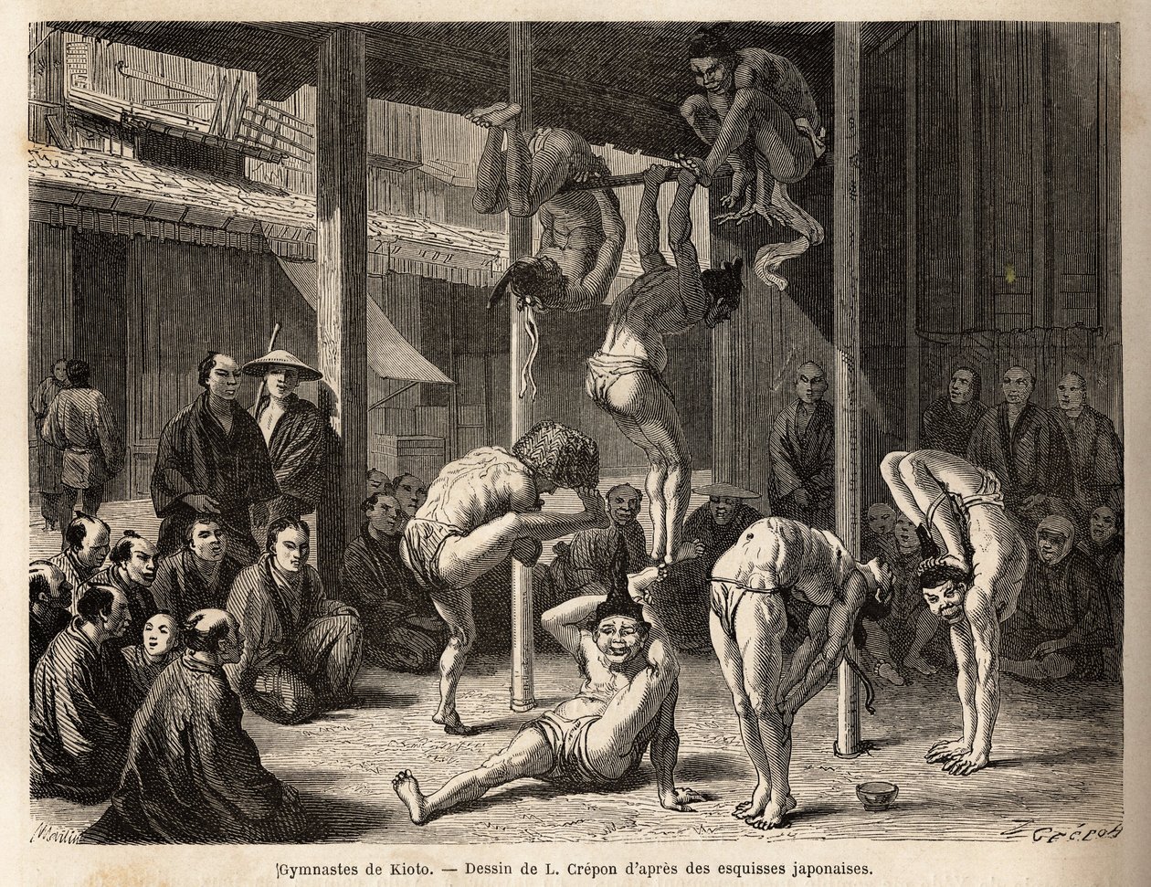 La troupe des saltimbanques les gymnastes de Tokyo, ils se produisent sous un vaste hangar ou sont disposés des nattes de bambou, tous sont expérimentés dans ces exercices physiques mais aussi dans la pratique de la comédie. Gravure pour illustrer le voyag - Unknown artist