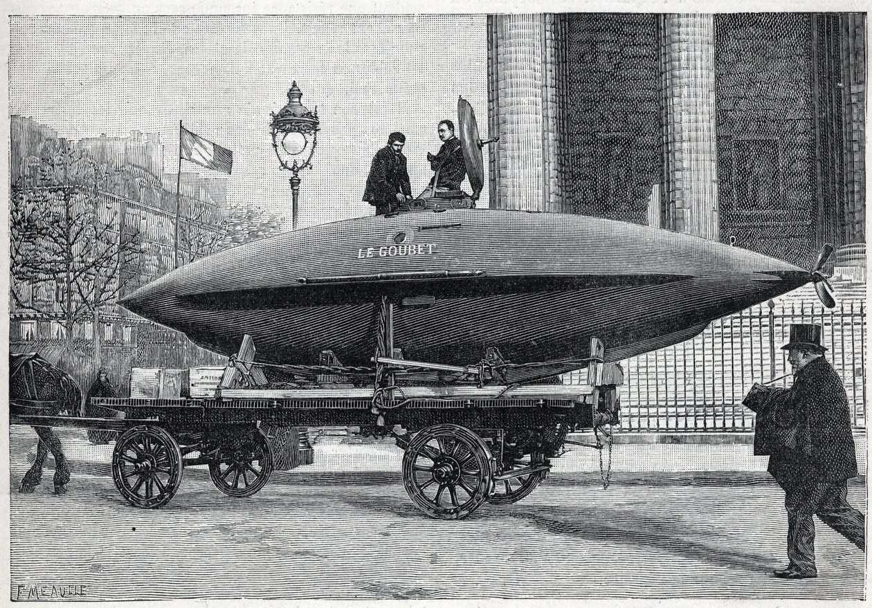 Le bateau sous-marin « Le Goubet », transporté pour des expériences, passe place de la Madeleine à Paris. Gravure dans « La Nature » - Unknown artist