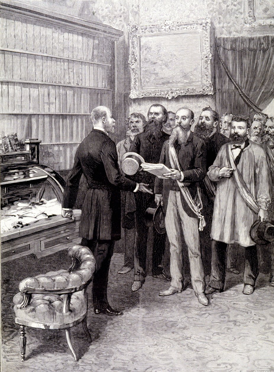 La visite des délégués ouvriers au Palais Bourbon (Jules Guesde, M. Ferroul, M. Baudin et M. Thivrier) au Secrétaire Général de la Présidence : M. Martin, lors de la manifestation du 1er mai - Unknown artist