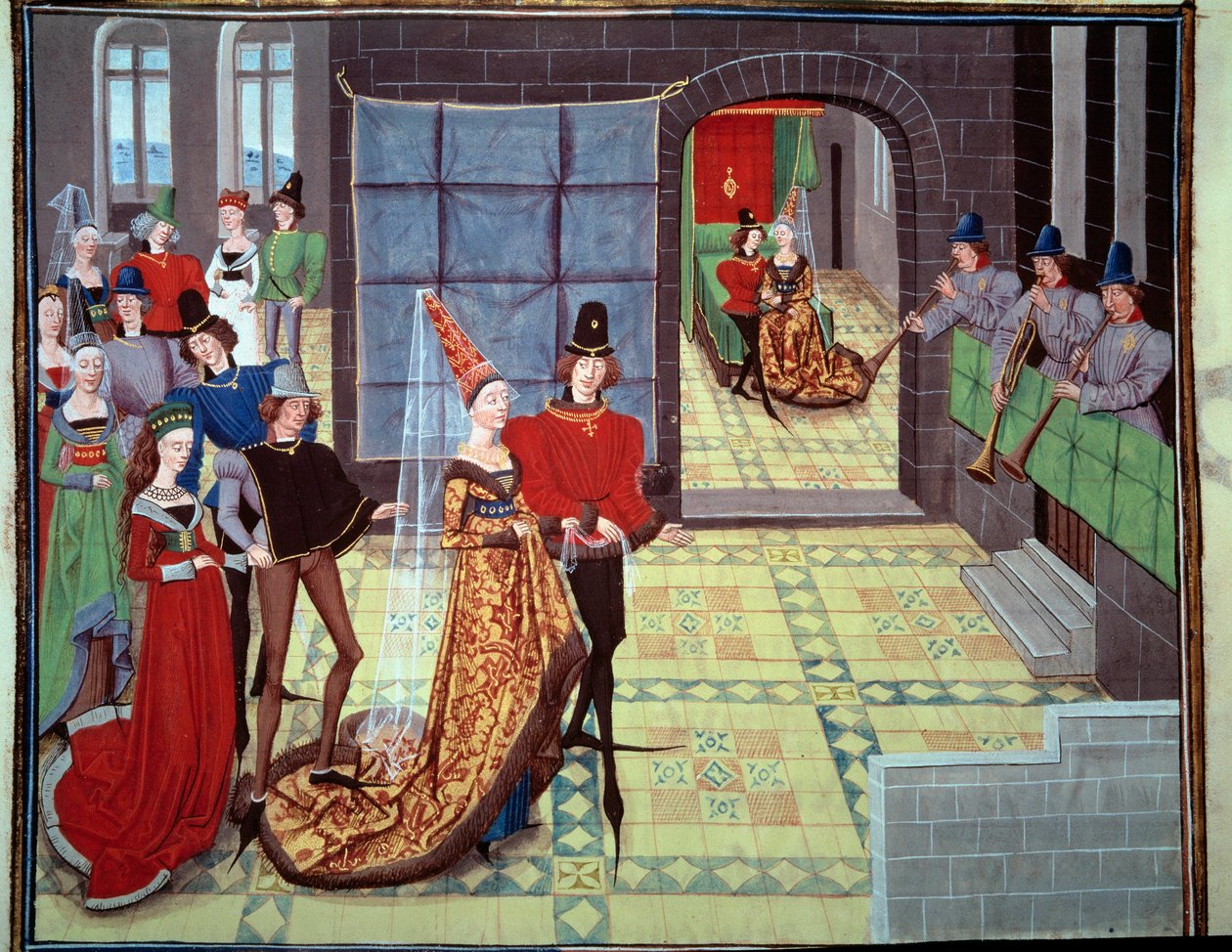 Le mariage de Renaud et Clarisse, en arrière-plan la nuit de noces. Miniature du manuscrit « Renaud de Montauban » ou « Les quatre fils Aymon » par Loyset Liedet (actif entre 1448 et 1478). Ms. 5073. 15ème siècle Bibliothèque de l