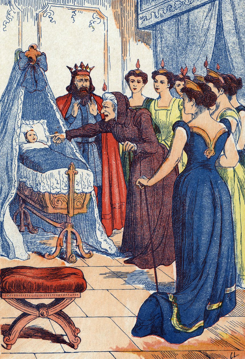 La méchante fée prédit que la princesse se percera la main. Illustration pour « La belle au bois dormant », conte de Charles Perrault (1628-1703), écrivain français. Illustration anonyme. Imagerie Marcel Vagne, Jarville Nancy, sans date (fin du XIXe siècle - Unknown artist