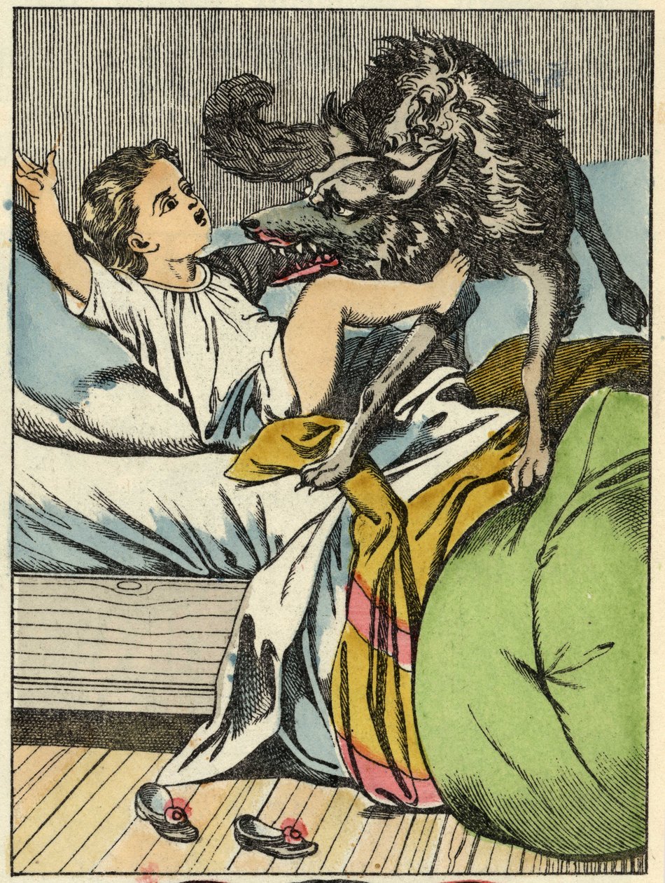 Le loup bat le Petit Chaperon Rouge. Illustration du conte « Le Petit Chaperon Rouge » de Charles Perrault - Unknown artist