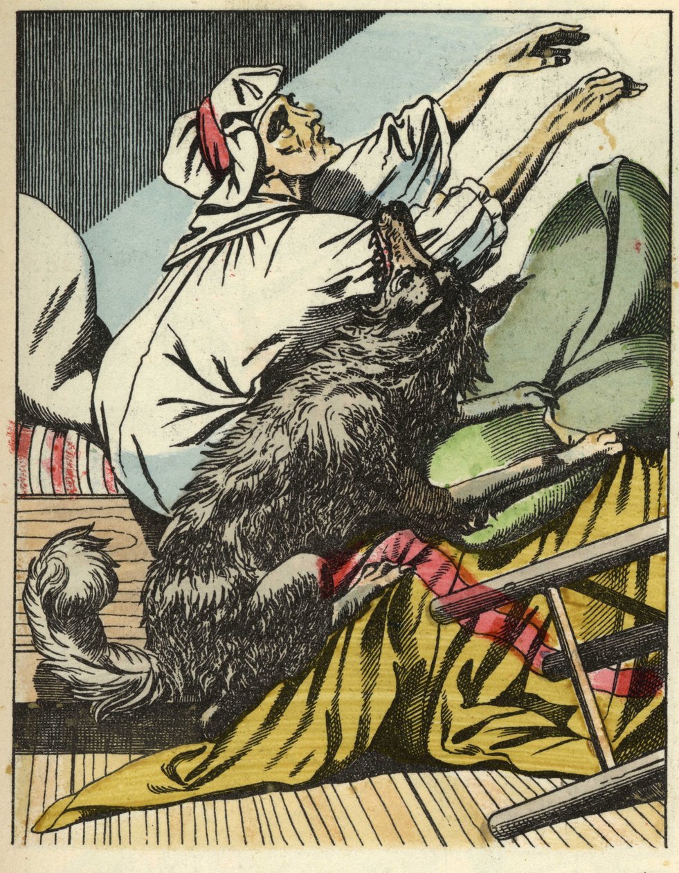 Le loup bat la grand-mère du Petit Chaperon Rouge. Illustration du conte « Le Petit Chaperon Rouge » de Charles Perrault - Unknown artist