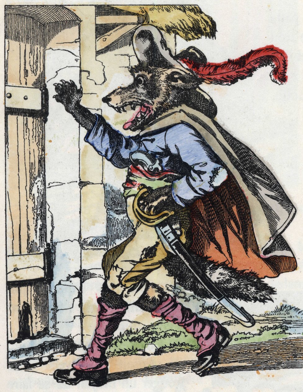 Le loup frappe à la porte de la maison des biquets. Illustration du conte « Compère le Loup, Maître Renard, Commère la Chèvre et ses petits biquets » d