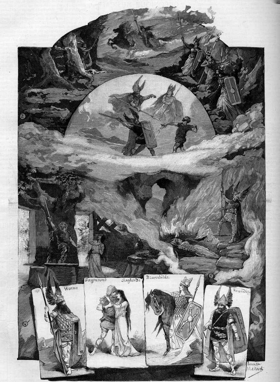 Pièce de théâtre « Die Walküre » (La Walkyrie), drame de Richard Wagner (1813-1883) représenté au Théâtre de la Monnaie à Bruxelles. Gravure dans « Le Monde illustré » - Unknown artist