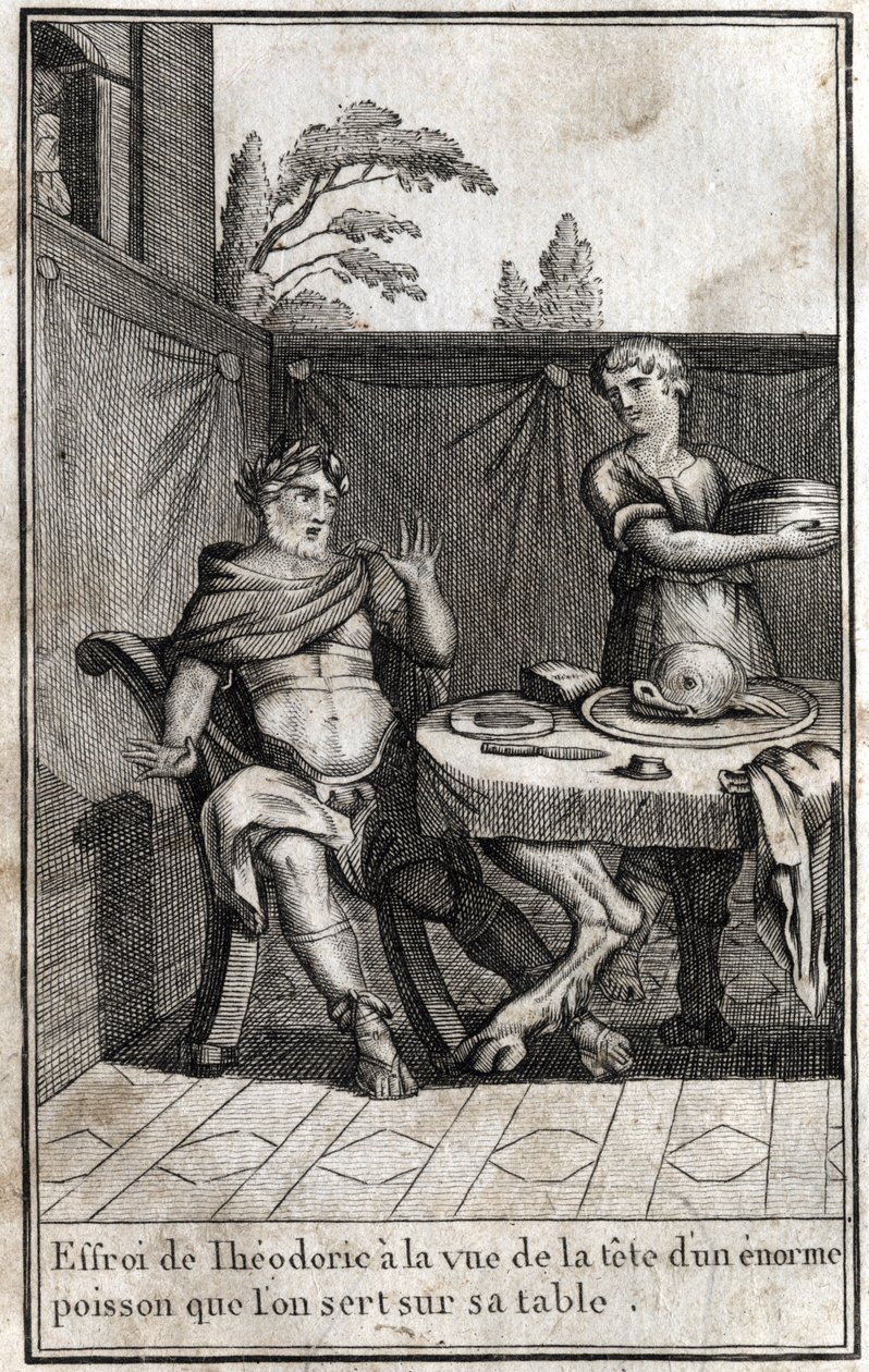 Théodoric le Grand (ca. 454/455-526), roi des Goths, effrayé à la vue de la tête d