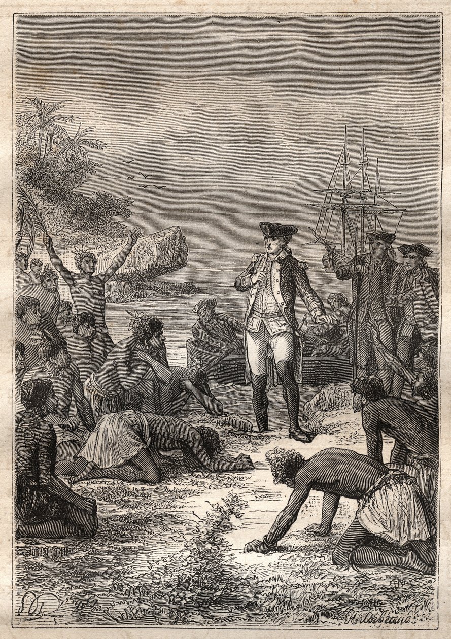 Troisième voyage (1776-1779) du capitaine James Cook (1728-1779) : Cook est accueilli par les indigènes (Hawaï) - illustration tirée de "Les grands marins du XVIIIe siècle" - Unknown artist