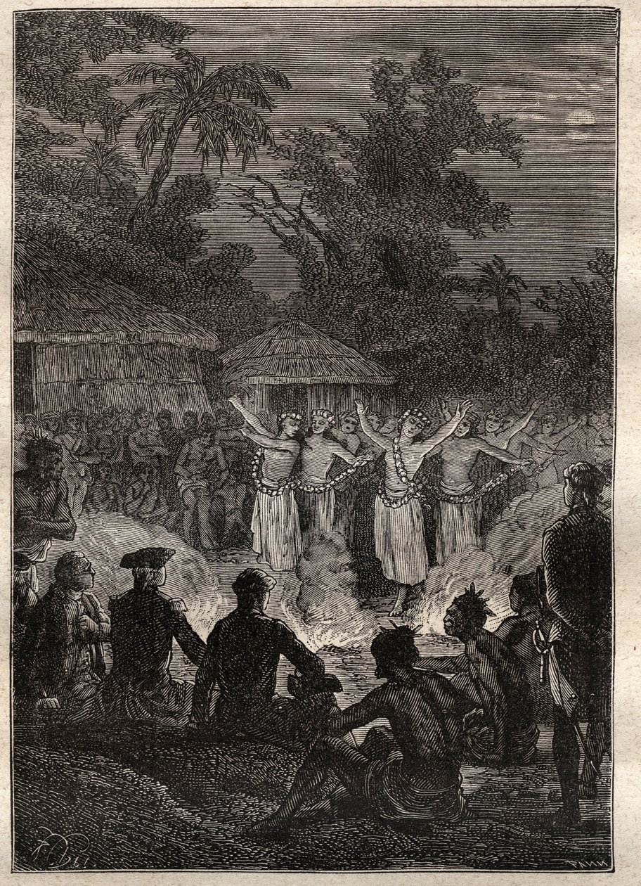 Troisième voyage (1776-1779) du capitaine James Cook (1728-1779) : une fête sur les îles des Amis (royaume des Tonga, Polynésie) - illustration tirée de « Les Grands Navigateurs du XVIIIe siècle » - Unknown artist