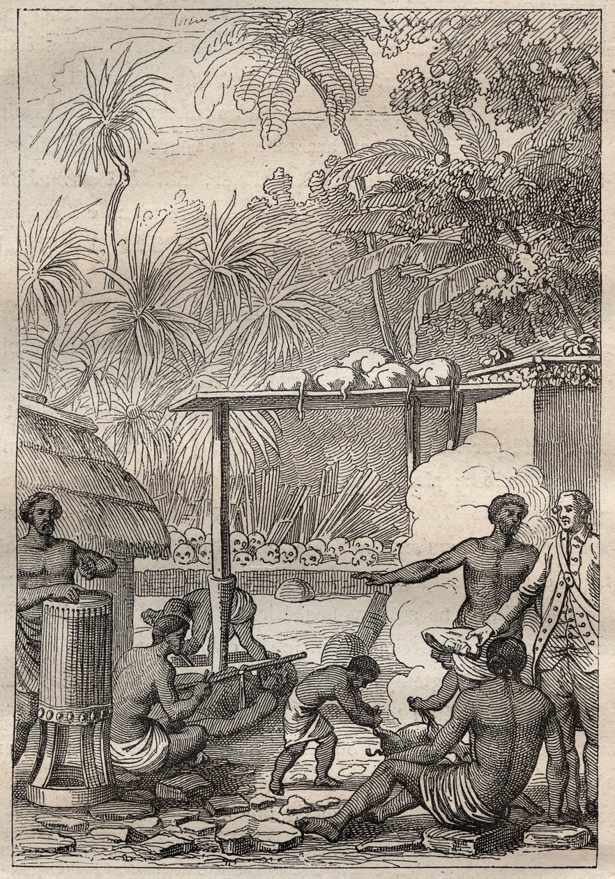 Troisième voyage (1776-1779) du capitaine James Cook (1728-1779) : sacrifice humain à Tahiti - illustration tirée de 