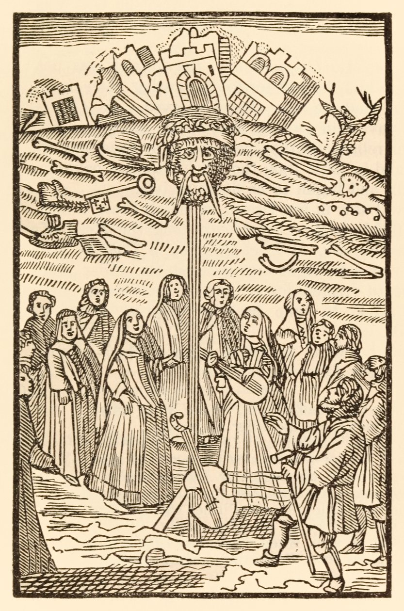 Bien que le château du doute soit démoli et que le géant du désespoir ait perdu la tête de Le Voyage du pèlerin de ce monde à celui qui est à venir par John Bunyan (1628-1688) Christiana et Miséricorde jouent de la musique - Unknown