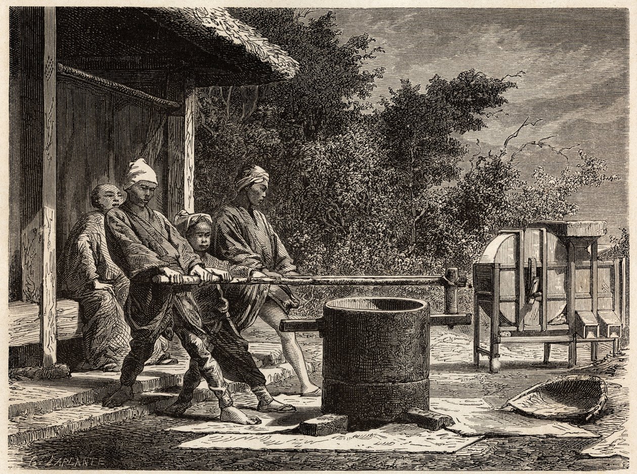 Trois paysans opérant le moulin à riz. Gravure pour illustrer le voyage au Japon en 1863-1864, par Aimé Humbert, ministre de la Confédération suisse, dans « Le tour du monde, nouveau journal des voyages », publié sous la direction d