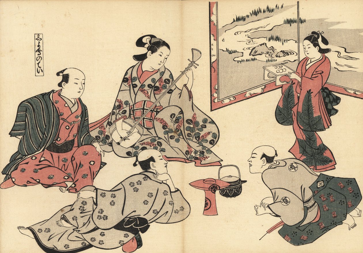Trois samouraïs écoutent une courtisane jouer du shamisen, tandis qu
