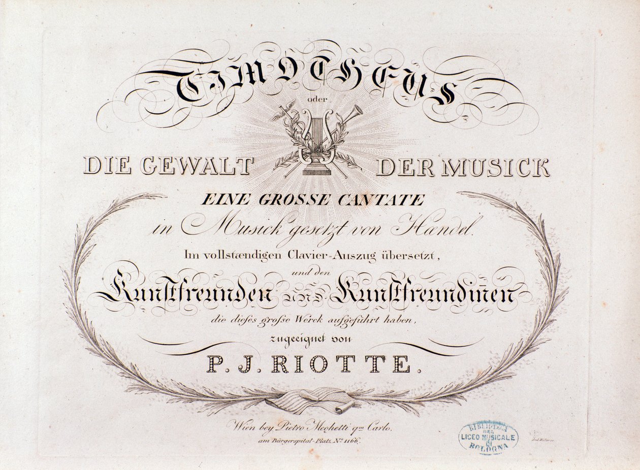 Page de titre de la partition musicale de Timotheus par G F Handel (1812) - Unknown artist