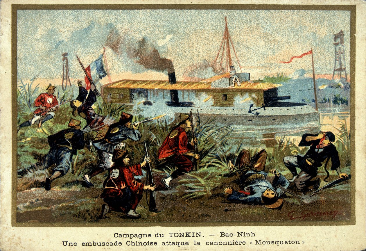 Campagne du Tonkin : à Bac-Ninh, une embuscade chinoise attaque le canonnière "Carabiner" - chromo., fin 19e siècle - Unknown artist