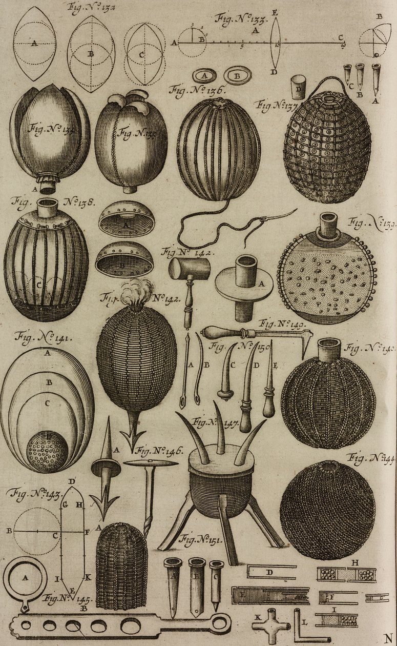 Outils et matériaux pour la construction de boules de feu, gravure tirée du Grand Art d