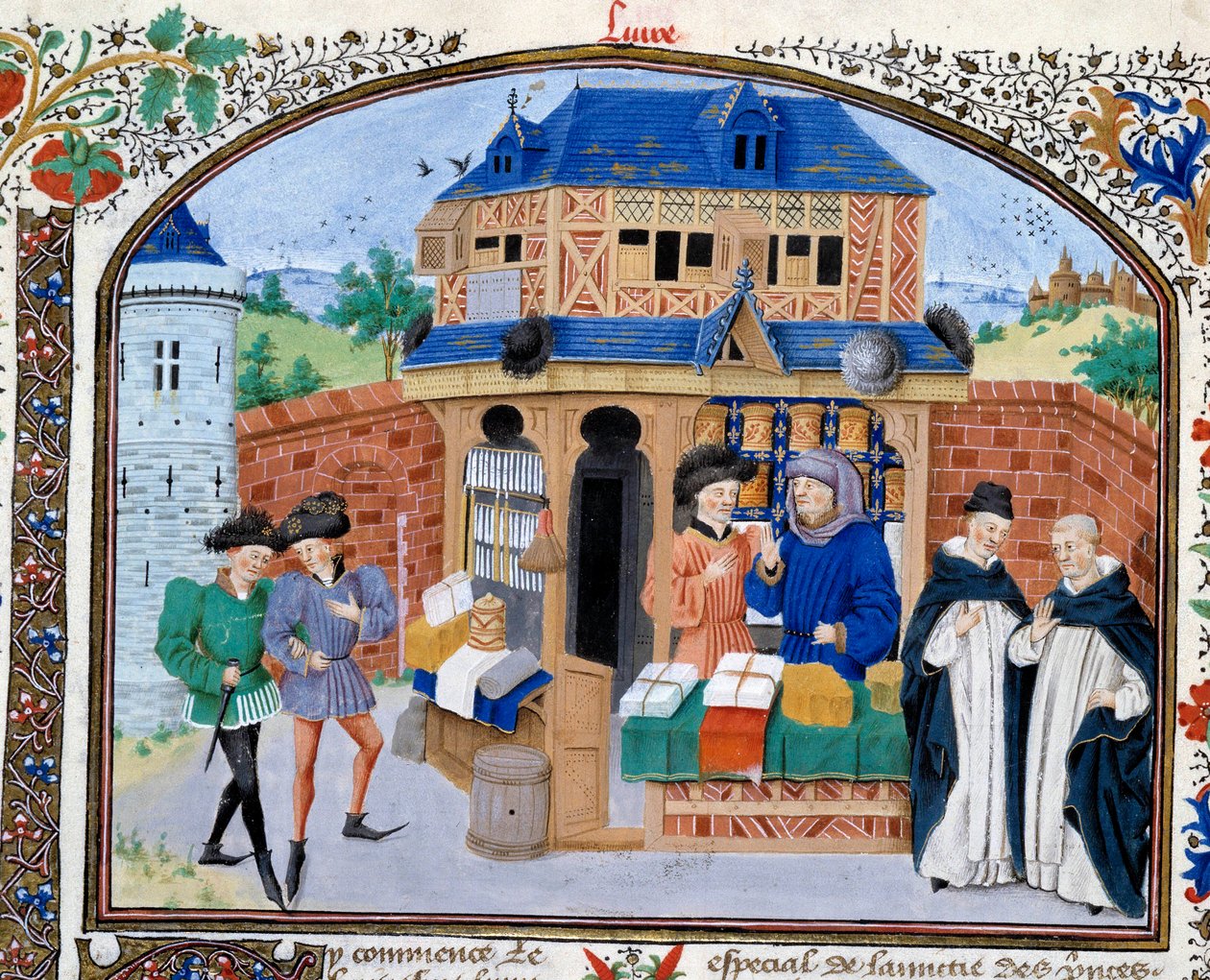Commerce : une boutique de marchand. Miniature du manuscrit "Commentaire sur l