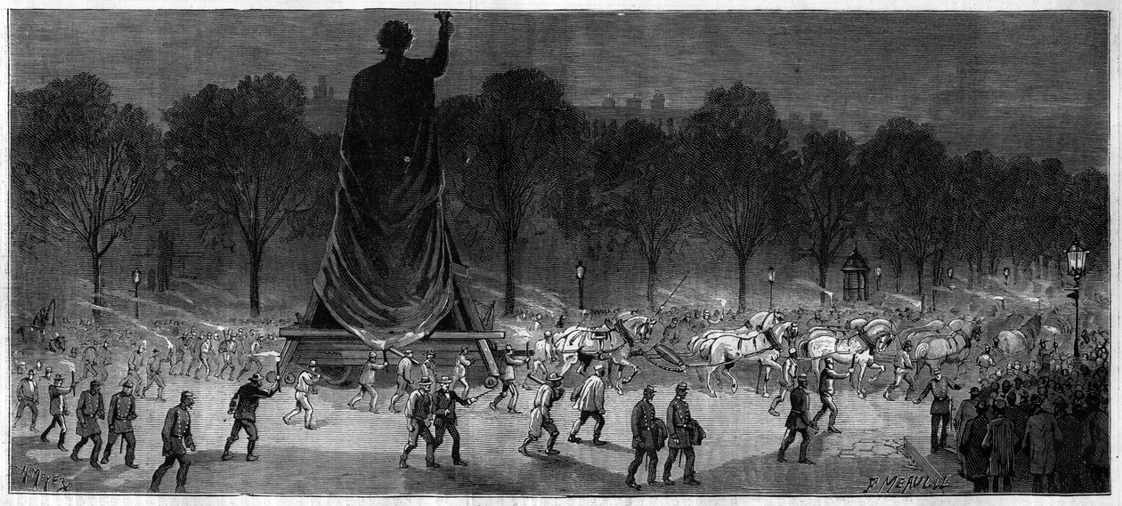 Translation de la statue de la République (Marianne en bronze, 9,50 m de haut), des ateliers de M. Thiébaut à la Place de la République à Paris en 1883 - Unknown artist