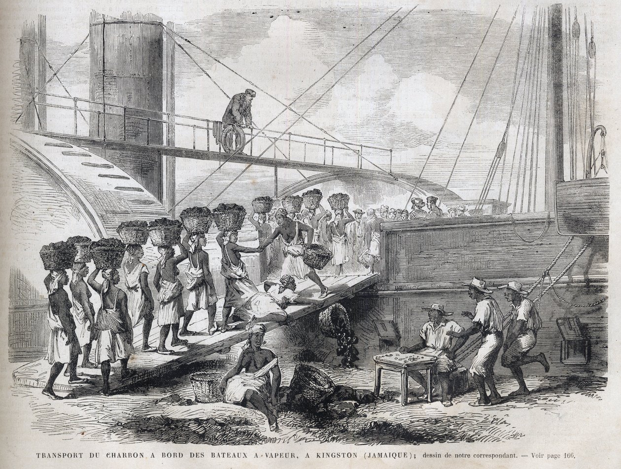 Transport de charbon à bord de navires à vapeur à Kingston (Jamaïque) - Chargement de charbon à Kingston - Jamaïque - Gravure de 1866 de « L